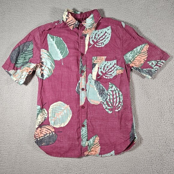 Mossimo Supply Co Shirt Mens Small Purple Tropical Leaf Button Up Short Sleeve - Picture 1 of 10